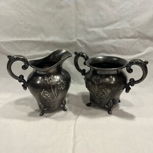Elegant Silver Plated Floral Metal Creamer and Sugar Set
